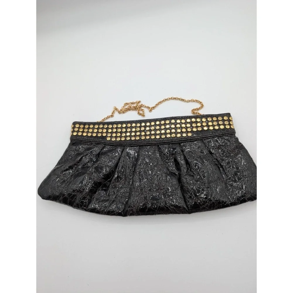 Steve Madden Black Patent Clutch Purse Gold Studded Chain Strap Y2K Evening Bag